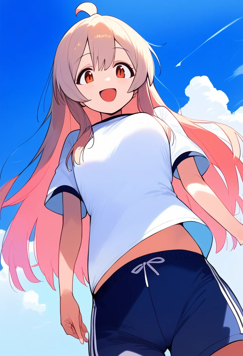 1girl, ultra high res, white shirt, gym shorts, smile, open mouth, sky background, very low angle view, large chest