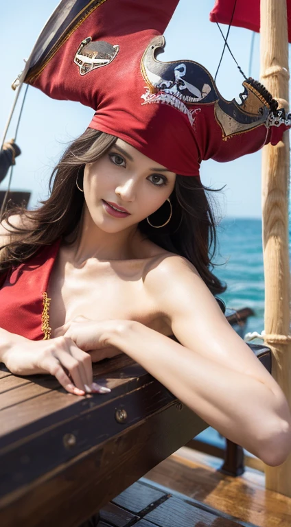 highest resolution, 4K, masterpiece: 1.3), japanese mature, photo of a woman, sexy, fine eyes, slender body shape, realistic teeth, double eyelid, whole body, highest quality, be familiar with, around the sea, On the pirate ship, female pirate, Dress up as a pirate captain, dirty skin, torn clothes, serious expression, Stormy weather, it's raining, Wet, have a sword, naked, topless, pubic hair
