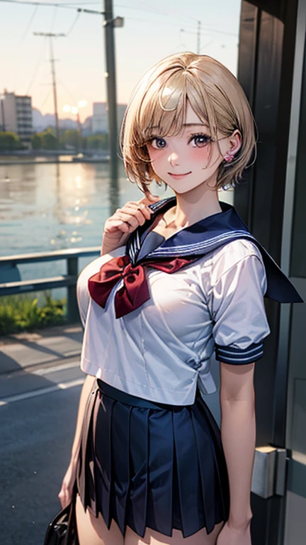(masterpiece:1.2, Highest quality), (Realistic, photoRealistic:1.4), Beautiful illustrations, (Natural Side Lighting, Cinema Lighting), Browsing Caution, 
View your viewers, Cowboy Shot, Front view:0.6, 1 Girl, Japanese, high school girl, Perfect Face, Cute and symmetrical face, Shiny skin, 
(short hair:1.5, Pixie Cut:1.4, Blonde), Pin your bangs back, Red eyes, Long eyelashes, (Large Breasts:0.6, Thick thighs), 
Beautiful Hair, Beautiful Face, Beautiful attention to detail, Beautiful clavicle, Beautiful body, Beautiful breasts, Beautiful thighs, Beautiful feet, Beautiful fingers, 
((Detailed cloth texture, Cute short-sleeved sailor uniform, Pleated skirt, Sailor collar, Sailor scarf, socks, Brown Loafers)), 
(Beautiful views), evening, Riverside, Are standing, wave hands, (Cute smile, Upward glance), 