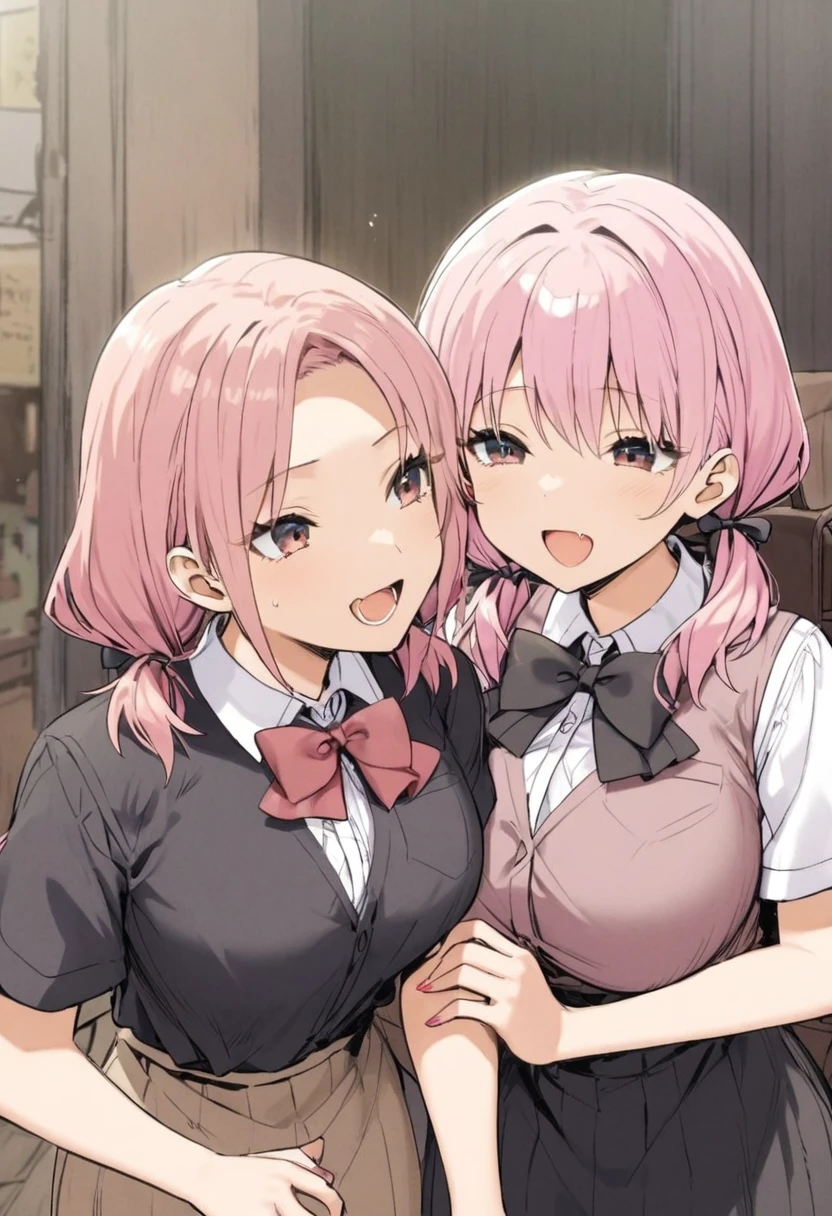 Pink Hair, Low twin tails, There is a mole on the right breast,