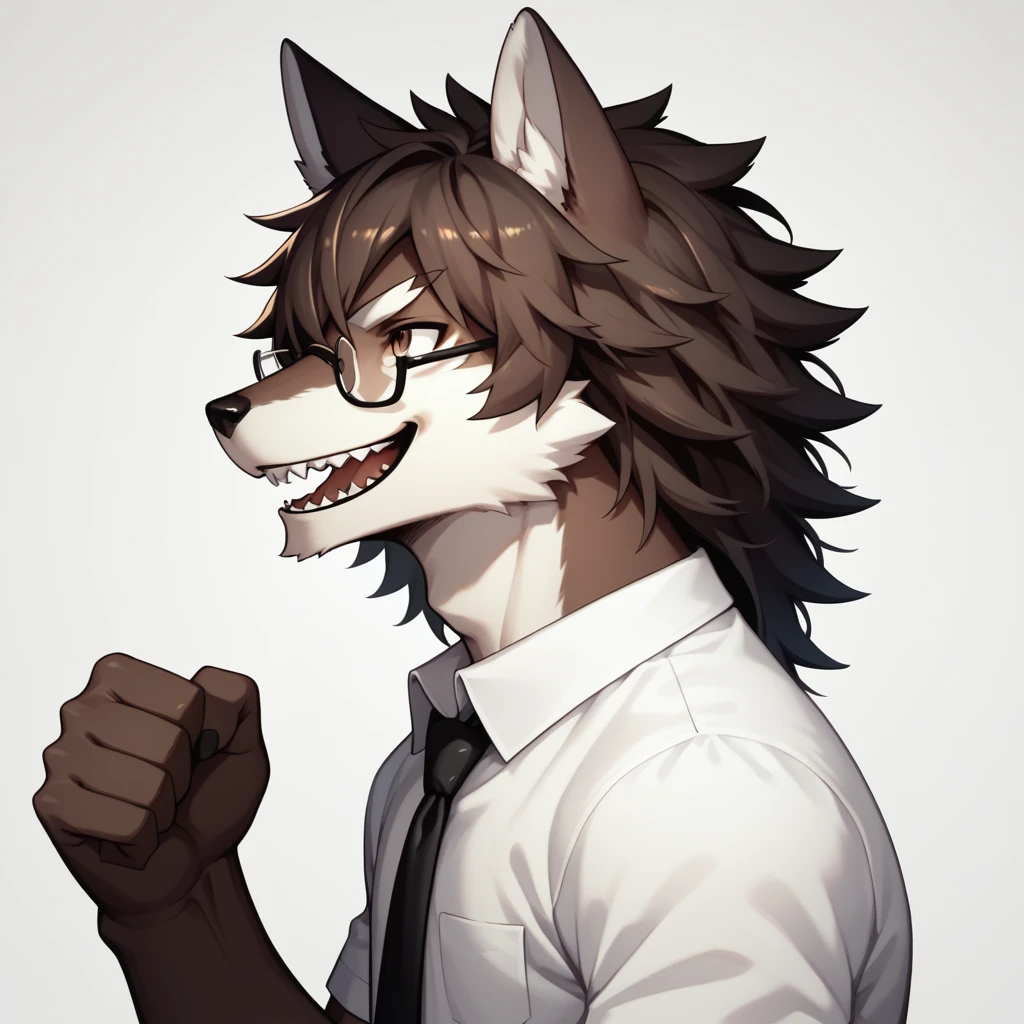 score_9,score_8_up,score_7_up, kemono style, an Anthro furry male wolf, Tall and slender, short brown shaggy hair, brown eyes, black thick rim glasses, wearing white button up shirt, black tie, black slacks, simple white background, big smile, mouth open, lookin triumphant, holding up a fist, dynamic action, furrowed eyebrows, looking up, side view, 