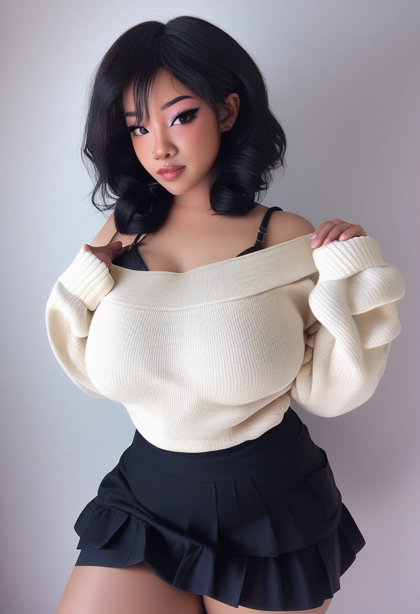 uniquesora, sexy, cosplyer, insta model, black hair, realistic, beautiful, breasts, large breasts, black eyes, sweater, off shoulder, long sleeves, black bra, thick thighs, skirt, makeup