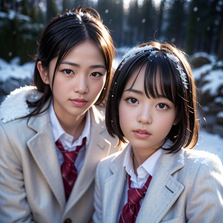 ExtremelyDetailed KAWAII SchoolGirls standing in (Sparkling snow dust), Stunning detailed eyes with (Sparkling Highlights:1.28), beautiful detailed lips, extremely detailed eyes and face, double eyelids with Detailed Long Eyelash, rosy cheeks, Radiant PearlSkin with Transparency, detailed snow fairys in (School Uniform with Coat), (glowing snowflakes:1.32), intricate snowy background, ethereal and magical lighting, cinematic composition, (best quality,4k,8k,highres,masterpiece:1.2),ultra-detailed,(realistic,photorealistic,photo-realistic:1.37) (FullBody:1.28) (exposed:0.33)