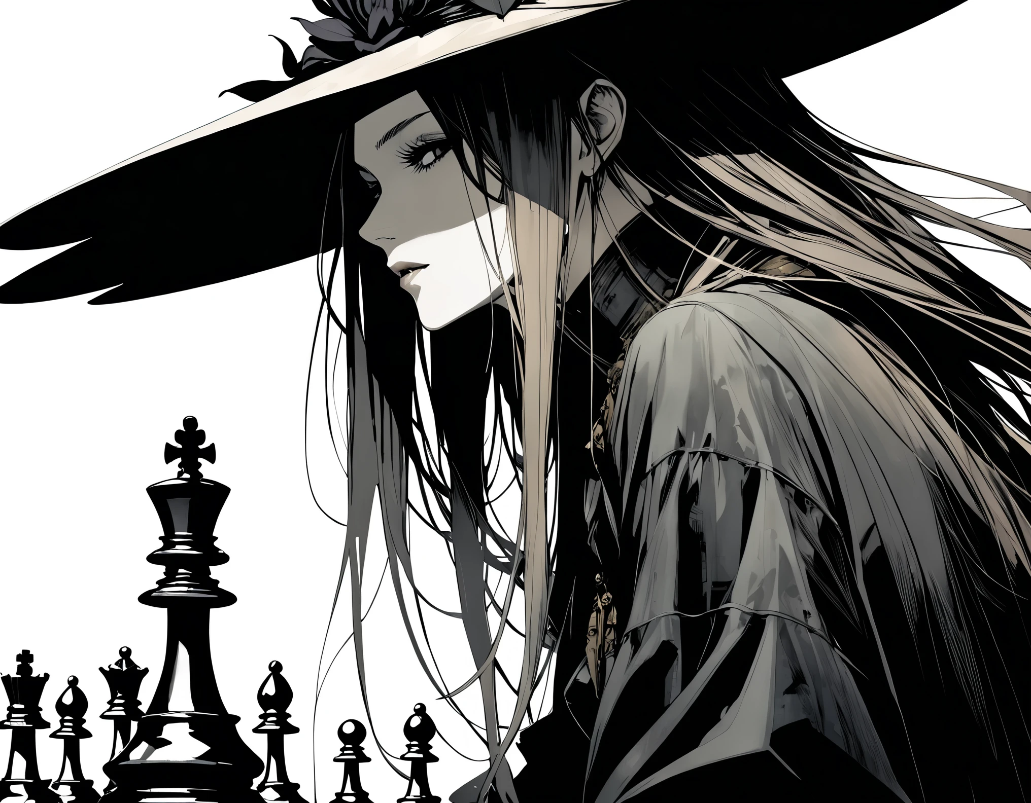 in style of Santiago Caruso, in style of Ashley Wood, Giant black lily,Central Composition,Close-up, queen \(chess\),graphic novels illustration