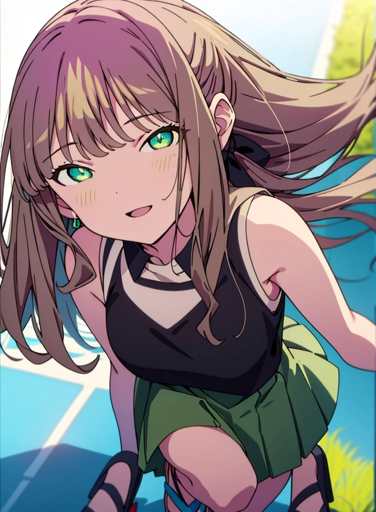 minami yume ,sss Dynazenon ,Long Hair, Brown Hair, (Green Eyes:1.5) ,Center of chest,hair band,ponytail,happy smile, smile, Open your mouth, Blue sleeveless dress,Long skirt,Cute heeled sandals,whole bodyがイラストに入るように,Daytime,Clear skies,Walking,
break looking at viewer, whole body,
break outdoors, Residential Street,
break (masterpiece:1.2), Highest quality, High resolution, unity 8k wallpaper, (shape:0.8), (Beautiful and beautiful eyes:1.6), Highly detailed face, Perfect lighting, Highly detailed CG, (Perfect hands, Perfect ???????),