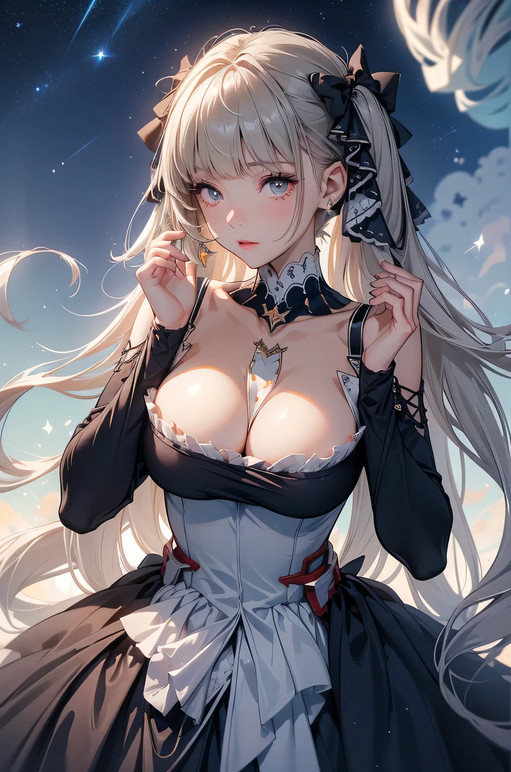 ((dress_default, terrific_default, ornament_waist)):1.5,((solo, 1girl)) ((masterpiece,Highest quality,Highly detailed images,Beautiful images、Realistic、Dutch Angle)),(Dynamic Angle)、 (Bright lighting overall、Backlight、A fantastic atmosphere、Thick Fog、Dust flutters),(Dynamic pose、Beautiful cleavage、huge breasts, Support your chest with your hands)1.2, ((Beautiful starry sky、shooting star、Ocean))、Black sleeves