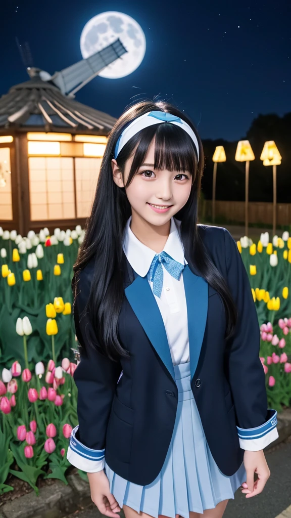 Japanese high school girl smiling young face long black hair straight long black hair blue hairband light blue blazer jacket white blouse blue ribbon decoration on collar blue pleated skirt black socks dark brown loafers large park standing in front of tulip flowerbed windmill shed full moon night starry night nostalgic scenery