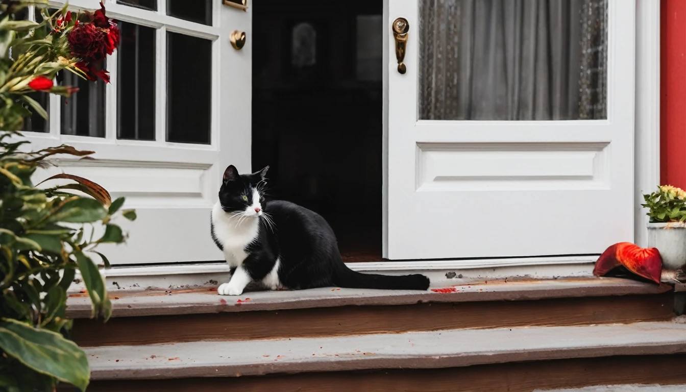 black and white cat at front doorstep inside house behind a bloody tongue on the ground 