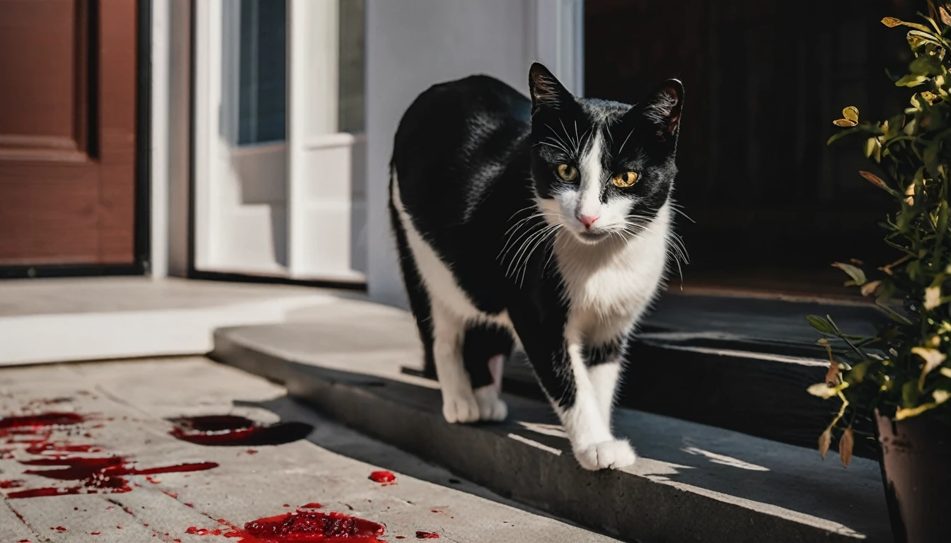 black and white cat at front doorstep inside house behind a bloody tongue on the ground