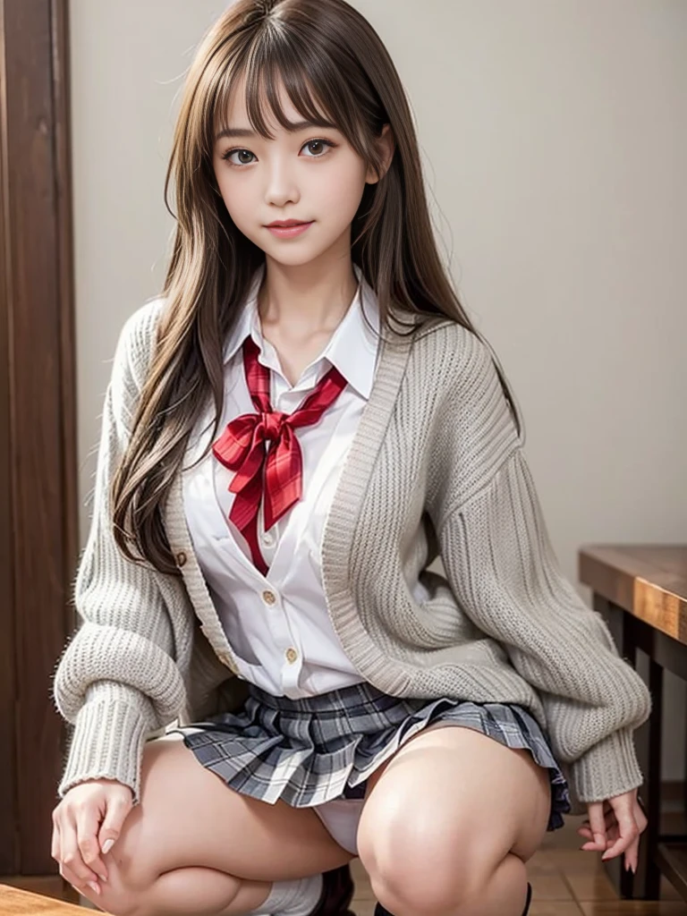 (Tabletop:1.2, Highest quality), (Realistic, Realistic:1.4), View your audience, whole body, One girl, Japanese, , High School Girl, (Long Hair:1.5), With her hair flying, bangs, Droopy eyes, Hair between the eyes, Small breasts:0.8, Bright honey-colored long hair with curls, Young face, Slim and slender, Small breasts, Beautiful details, Beautiful clavicle, Beautiful body, Beautiful breasts, Beautiful thighs, Beautiful legs, Beautiful fingers, Beautiful views), , School, ((Collared shirt, White shirt, , cardigan, Grey plaid pleated skirt、Red ribbon))、 A shy smile, ,masterpiece、Highest quality、High resolution、Squatting in the house、I took off my clothes、Red bra very、Side tie thong、I can see her white panties, A glimpse of white panties, Smooth thighs, Low - Angle, 
