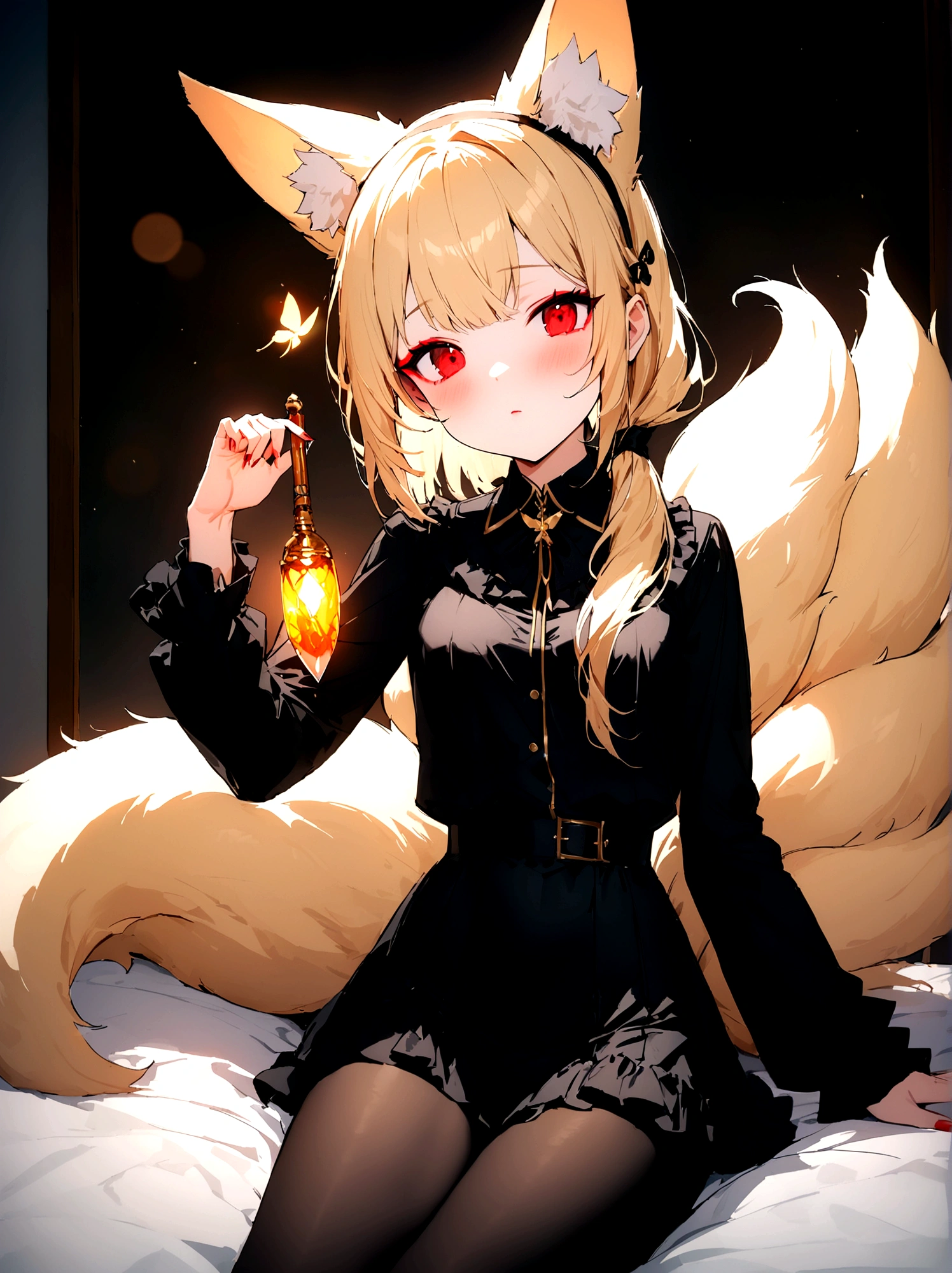 (masterpiece, 최고의 quality) junior,detailed, (beautiful,small breasts), blonde,long hair, side ponytail(tied to the left),Hairpin decoration with gold butterfly, elegant, (fox ears),nine tailed fox tail, red eyeshadow, 금색 eye동자, femur,black pajamas,ruffle pajamas,Bedroom Background,Lying in bed,girl,yandere,Wearing black tights,Wrapping up inside,Open crotch work clear 54% Seat Bot Txt2Img Studio (masterpiece, 최고의 quality),(beautiful_face:1.5),(small_waist),absurd:1.2, Kodak Portrait 400, film grain, blurred background, bokeh:1.2, lens flare, (vibrant_color:1.2),professional photography,(masterpiece:1.0),(best_quality:1.0), ultra high resolution,4K,매우 detailed, photography, 8 thousand, HDR,(chaste_big_eye:1.0),(light_laugh:0.3), official art,매우 detailed CG Unity 8k 벽지, perfect lighting,fancy, bright_front_face_lighting,looking at viewer,(Focus on her face),beautiful Finger,beautiful 긴 legs,beautiful body,beautiful Nose,beautiful character design, perfect eye, perfect face,완벽한 균형 junior,detailed, (beautiful,small breasts), blonde,long hair, side ponytail(tied to the left),Hair band decoration with gold butterfly, elegant, (fox ears),nine tailed fox tail, red eyeshadow, 금색 eye동자, femur,girl,yandere표정,bleeding,holding a knife,bloody knife