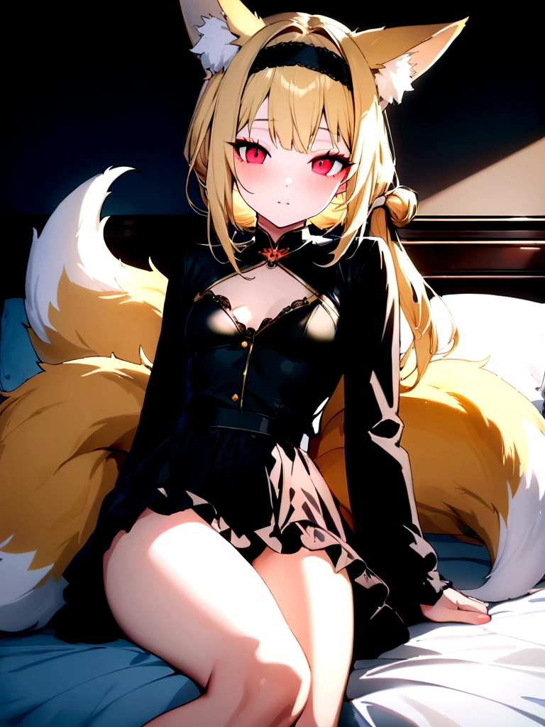 (masterpiece, 최고의 quality) junior,detailed, (beautiful,small breasts), blonde,long hair, side ponytail(tied to the left),Hairpin decoration with gold butterfly, elegant, (fox ears),nine tailed fox tail, red eyeshadow, 금색 eye동자, femur,black pajamas,ruffle pajamas,Bedroom Background,Lying in bed,girl,yandere,Wearing black tights,Wrapping up inside,Open crotch work clear 54% Seat Bot Txt2Img Studio (masterpiece, 최고의 quality),(beautiful_face:1.5),(small_waist),absurd:1.2, Kodak Portrait 400, film grain, blurred background, bokeh:1.2, lens flare, (vibrant_color:1.2),professional photography,(masterpiece:1.0),(best_quality:1.0), ultra high resolution,4K,매우 detailed, photography, 8 thousand, HDR,(chaste_big_eye:1.0),(light_laugh:0.3), official art,매우 detailed CG Unity 8k 벽지, perfect lighting,fancy, bright_front_face_lighting,looking at viewer,(Focus on her face),beautiful Finger,beautiful 긴 legs,beautiful body,beautiful Nose,beautiful character design, perfect eye, perfect face,완벽한 균형 junior,detailed, (beautiful,small breasts), blonde,long hair, side ponytail(tied to the left),Hair band decoration with gold butterfly, elegant, (fox ears),nine tailed fox tail, red eyeshadow, 금색 eye동자, femur,girl,yandere표정,bleeding,holding a knife,bloody knife