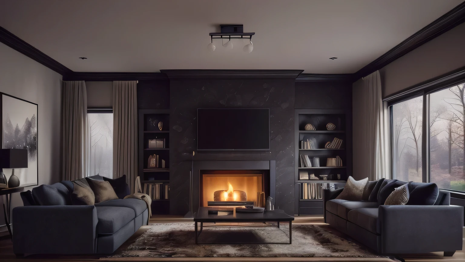 arafed living room with a fireplace and a couch and a table, atmospheric render, photorealistic cinematic render, cozy living room interior, 8 k landscape render, cinematic mood lighting, cozy contemporary living room, dramatic lighting render, daily render, vray 8k render, beautiful and cinematic lighting, moody cinematic lighting, detailed cinematic render, unreal engine realistic render
