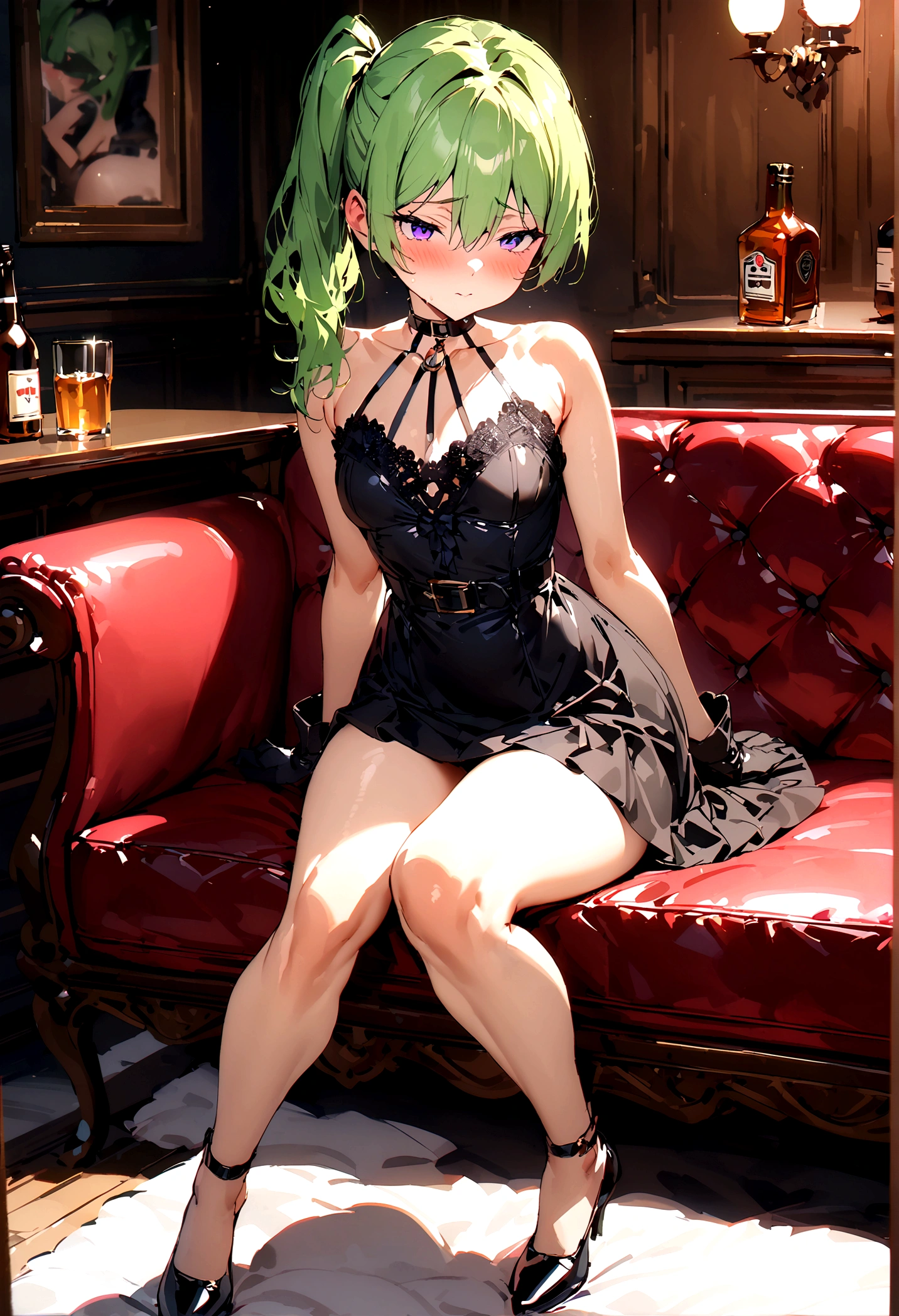 NSFW,masterpiece,Highest quality,High resolution,Super detailed,Uber\(Funeral of Frieren\),Green Hair、bangs、Hair between the eyes、Side Ponytail、Purple Eyes、Black choker、clavicle、Black gloves、belt、Black shoes,Embarrassed,blush,Luxurious Room,pub,Private room,sofa,heart,Sexy pose