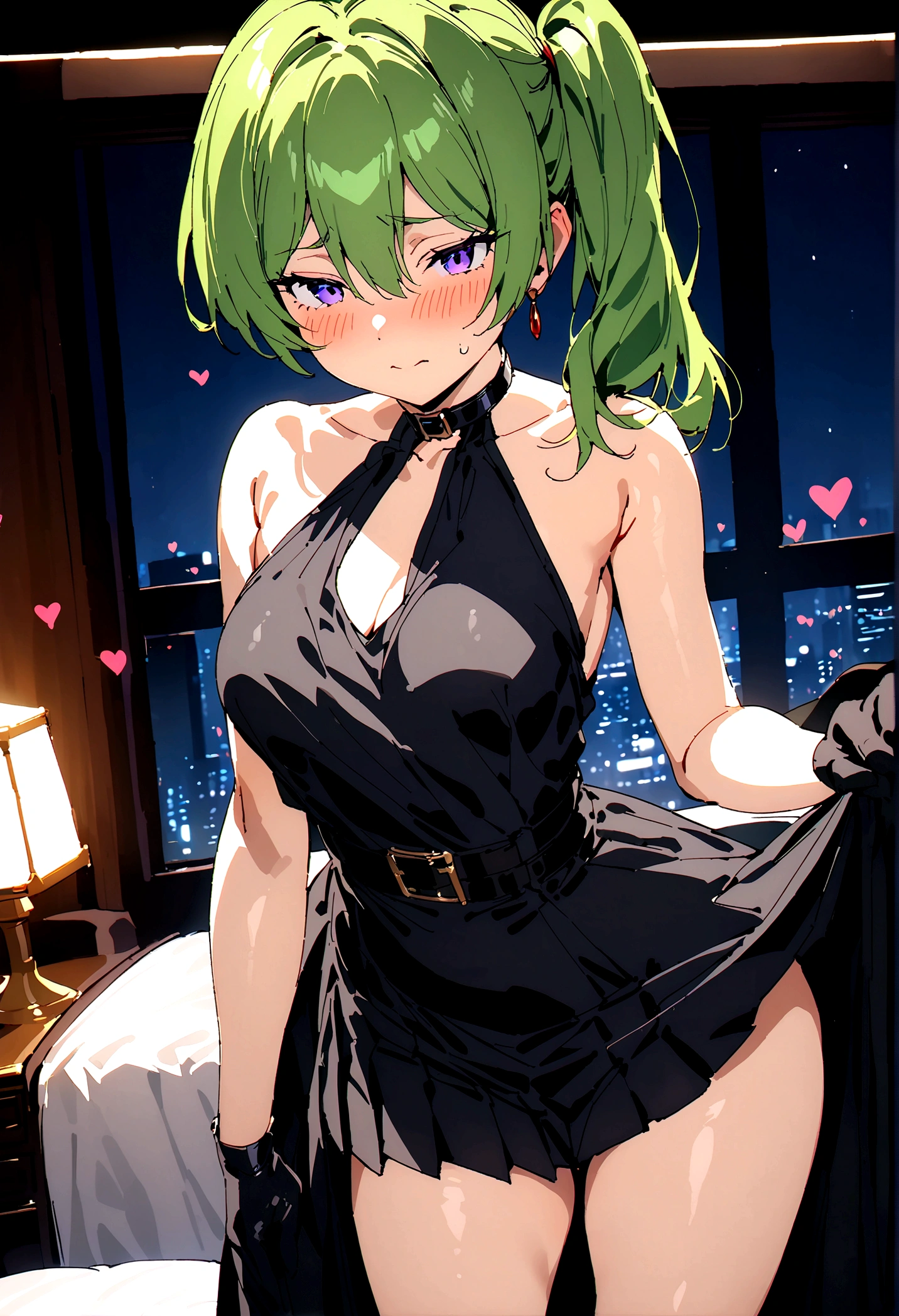 NSFW,masterpiece,Highest quality,High resolution,Super detailed,Uber\(Funeral of Frieren\),Green Hair、bangs、Hair between the eyes、Side Ponytail、Purple Eyes、Black choker、clavicle、No sleeve、high slit dress、No sleeveのドレス、Halter neck、Pleated skirt、Black gloves、belt、Black shoes,Embarrassed,blush,Luxurious Room,Brothel at night,heart,Sexy pose