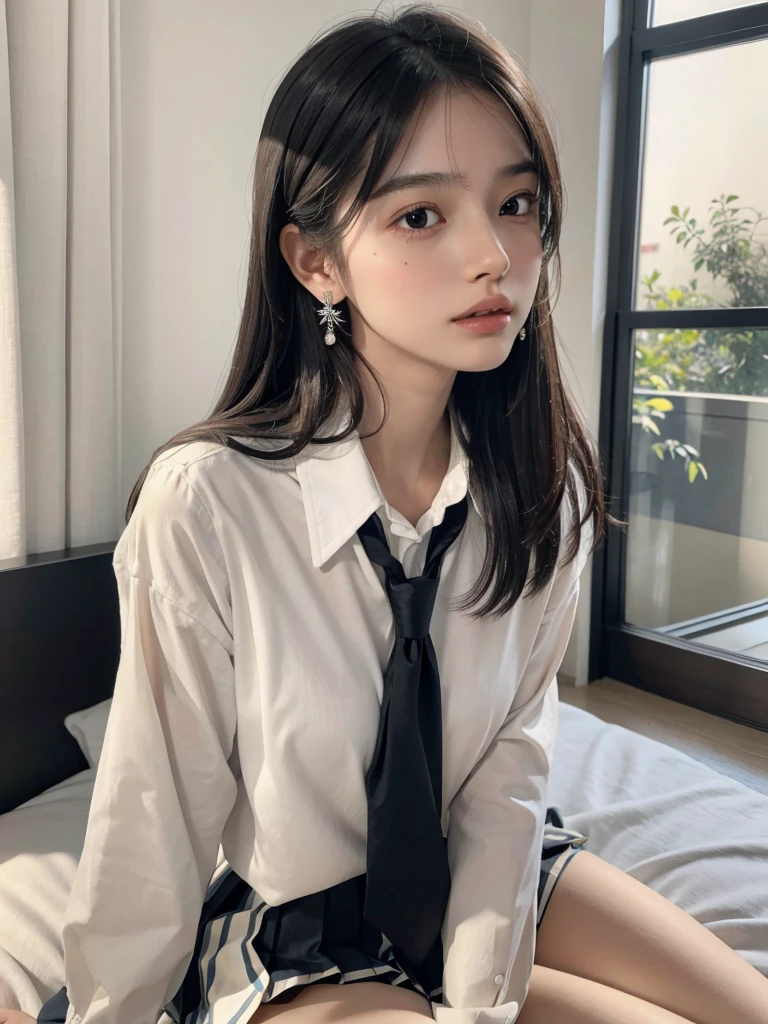 absurdres, RAW photo, extremely delicate and beautiful, masterpiece, Best Quality, ultra high resolution, 32k, hyperrealistic, ultra-detailed, perfect figure, in her 20s, very small head, very small face, delicate facial features, tearful mole, earring, (huge breasts), legs, full body shot, whole body shot, medium hair, black hair, ((school_uniform)), 