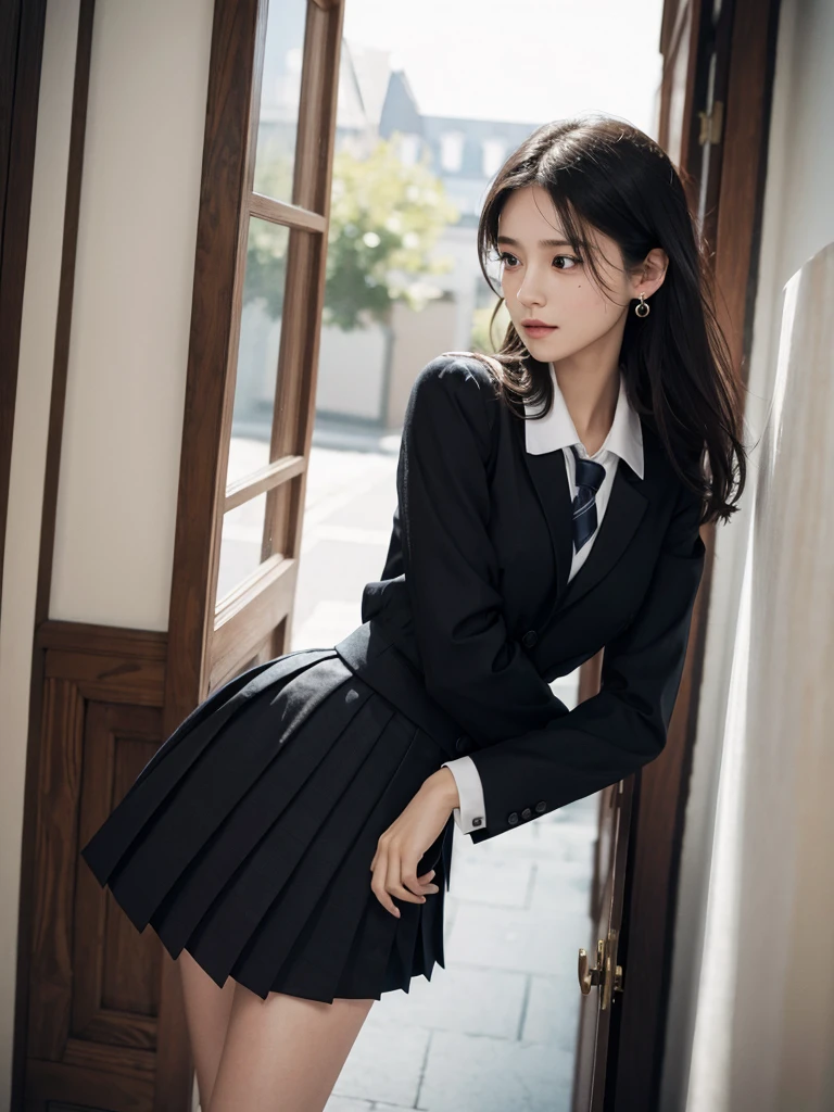 absurdres, RAW photo, extremely delicate and beautiful, masterpiece, Best Quality, ultra high resolution, 32k, hyperrealistic, ultra-detailed, perfect figure, in her 20s, very small head, very small face, delicate facial features, tearful mole, earring, (), legs, full body shot, whole body shot, medium hair, black hair, ((school_uniform)), 