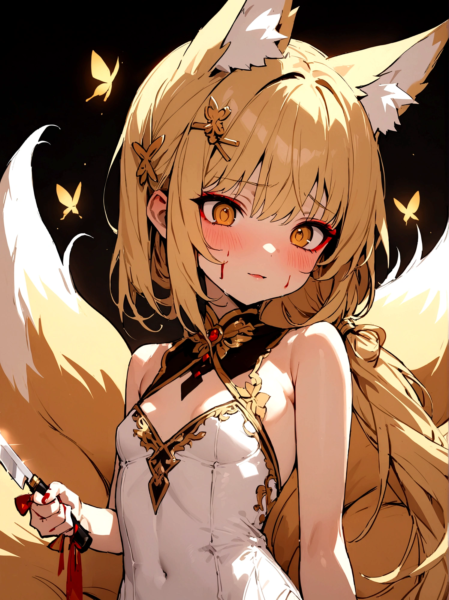 (masterpiece, best quality) junior,detailed, (beautiful,small breasts), blonde,long hair, side ponytail(tied to the left),Hairpin decoration with gold butterfly, elegant, (fox ears),nine tailed fox tail, red eyeshadow, golden eyes, femur，girl,Yandere expression,bleeding,holding a knife,bloody knife,