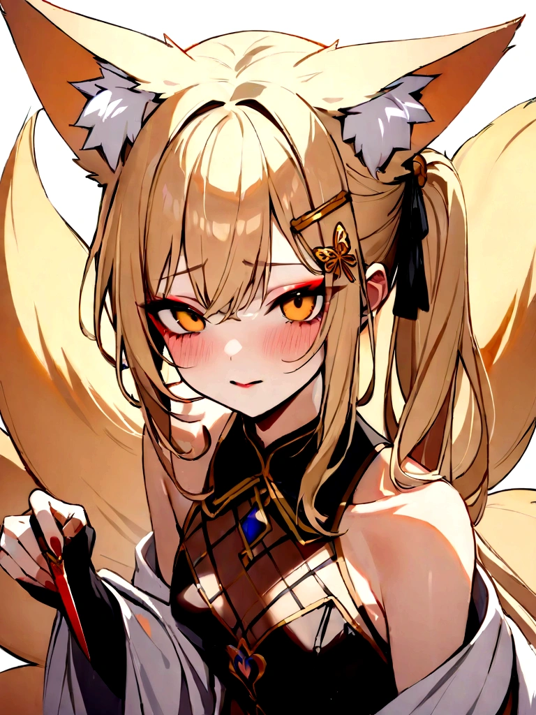 (masterpiece, best quality) junior,detailed, (beautiful,small breasts), blonde,long hair, side ponytail(tied to the left),Hairpin decoration with gold butterfly, elegant, (fox ears),nine tailed fox tail, red eyeshadow, golden eyes, femur，girl,Yandere expression,bleeding,holding a knife,bloody knife,