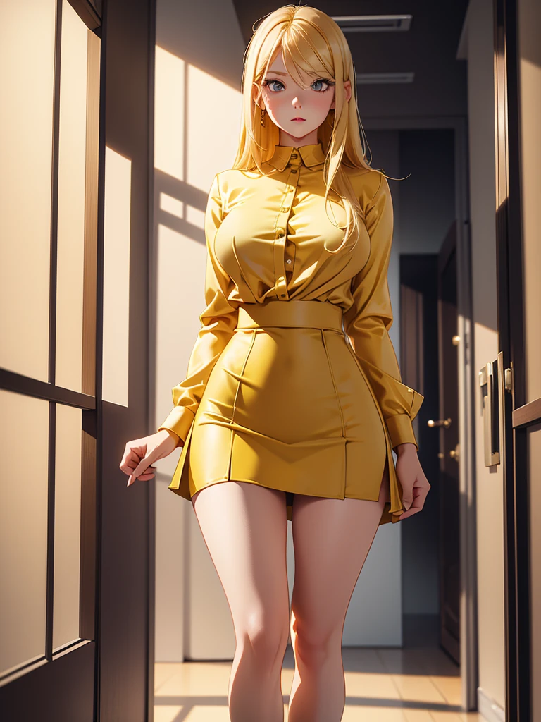 full body of blonde woman with yellow blouse and short tight skirt in a room, Thick, (sfw) Job insurance, touching her clothes, black linear Thick, fully dressed!!!, revealing outfit, tight tunics!, Very detailed!! , artistically detailed, By Shingei, [ Artedigital 4K ]!!, custom high resolution