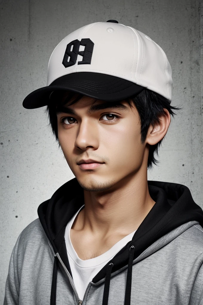 anime style, Boy with black hair and eyes, wearing sweatshirt cap