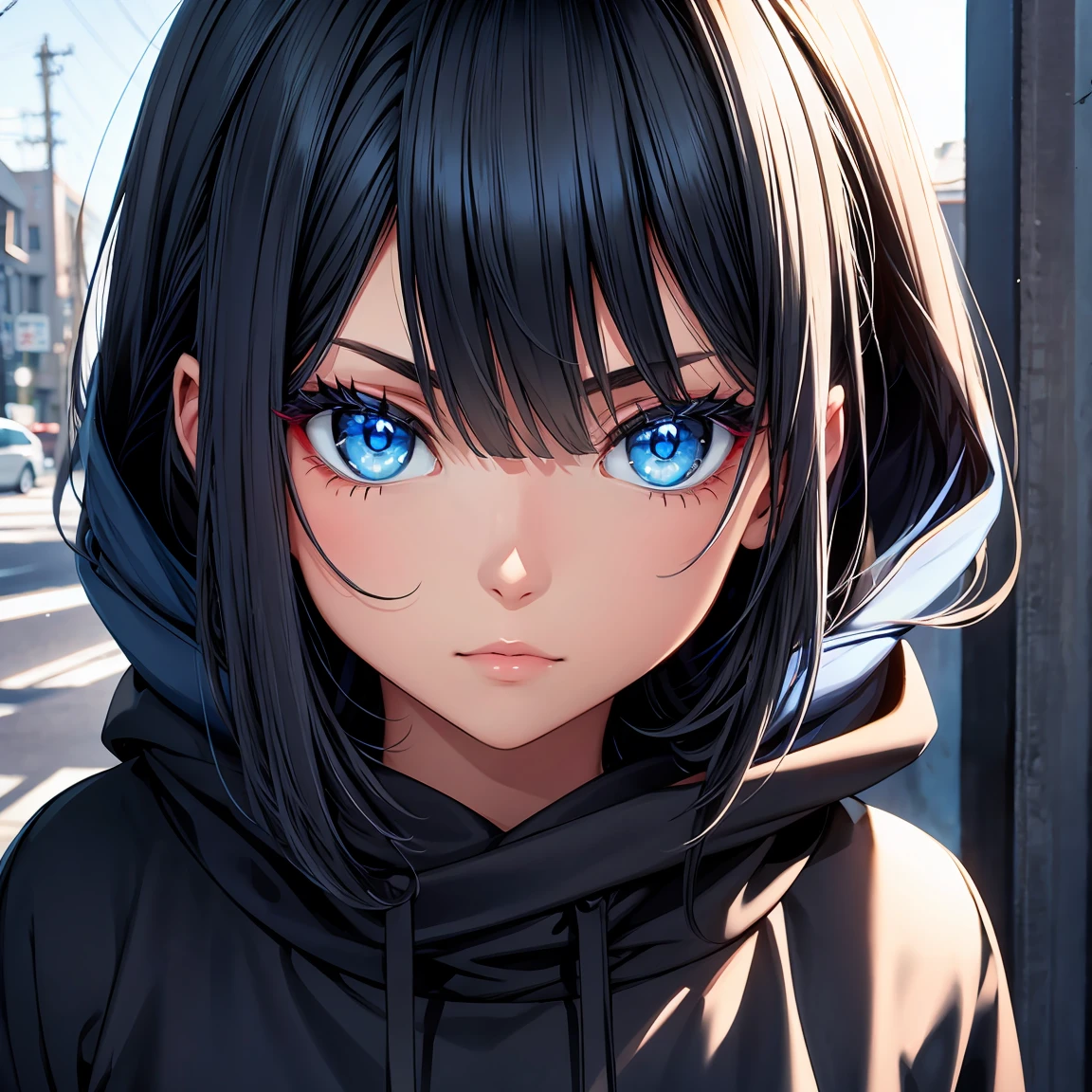blue eyed girl. with black sweatshirt