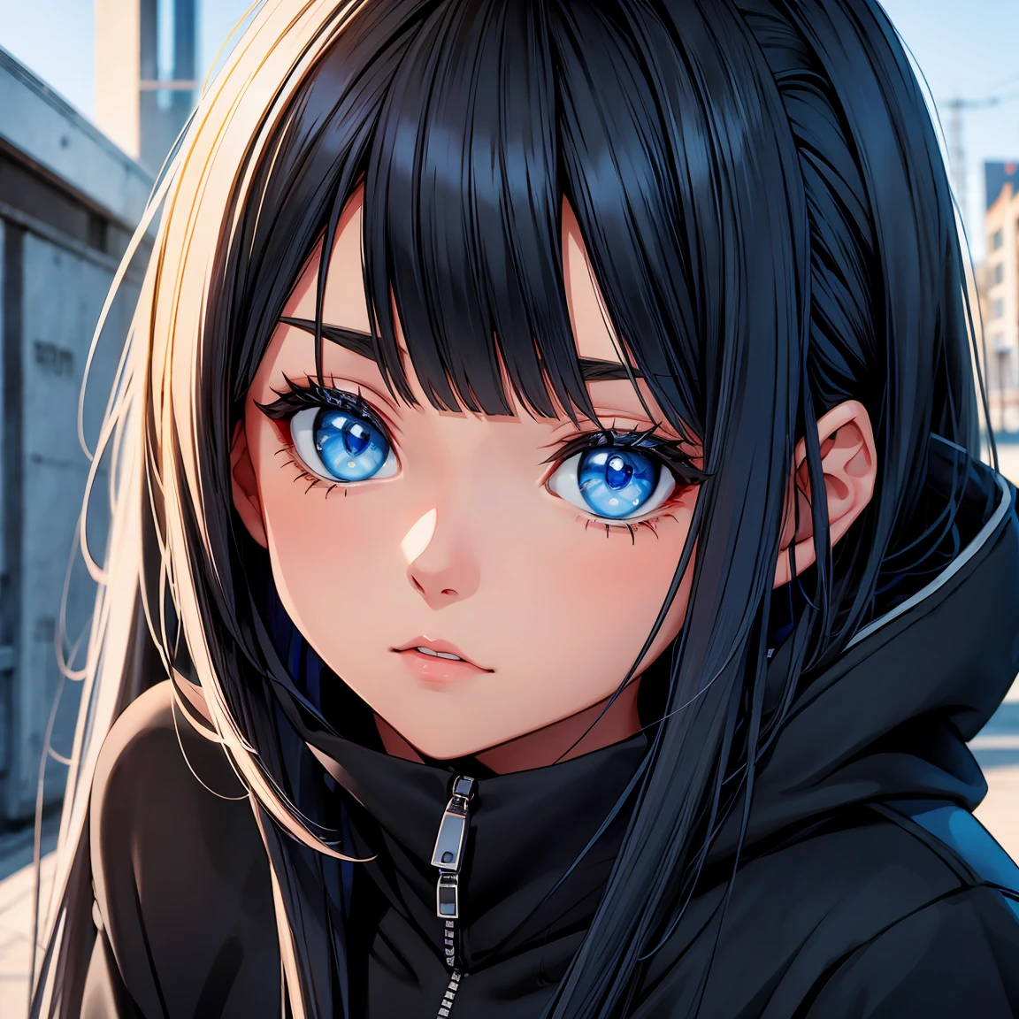 blue eyed girl. with black sweatshirt