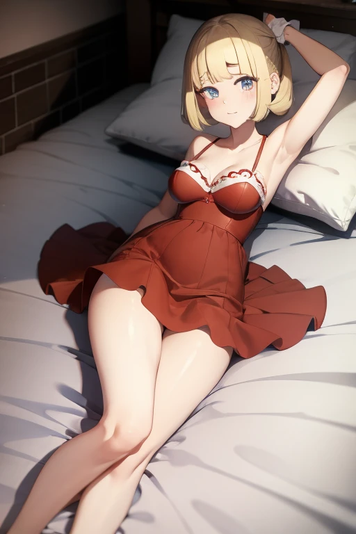 Lillie(pokemon), red nightie, lying on bed
