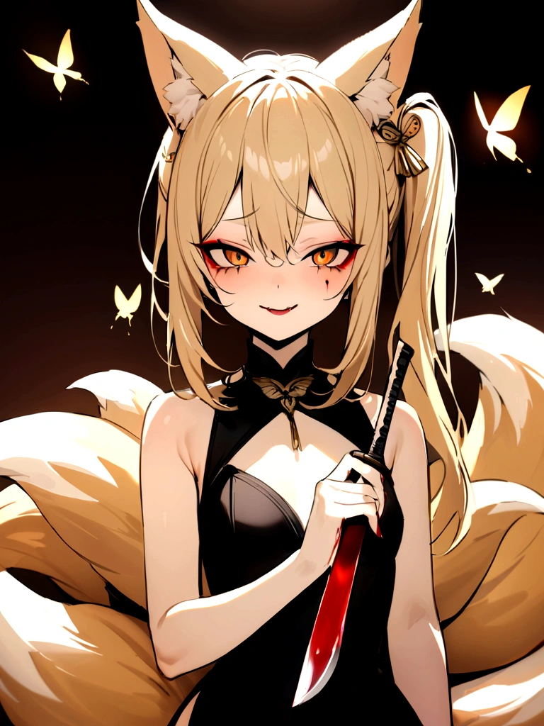 (masterpiece, best quality) junior,detailed, (beautiful,small breasts), blonde,long hair, side ponytail(tied to the left),Hairpin decoration with gold butterfly, elegant, (fox ears),nine tailed fox tail, red eyeshadow, golden eyes, femur，girl,Yandere expression,bleeding,holding a knife,bloody knife,evil smile