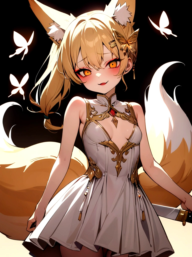 (masterpiece, best quality) junior,detailed, (beautiful,small breasts), blonde,long hair, side ponytail(tied to the left),Hairpin decoration with gold butterfly, elegant, (fox ears),nine tailed fox tail, red eyeshadow, golden eyes, femur,girl,Yandere expression,bleeding,holding a knife,bloody knife,evil smile