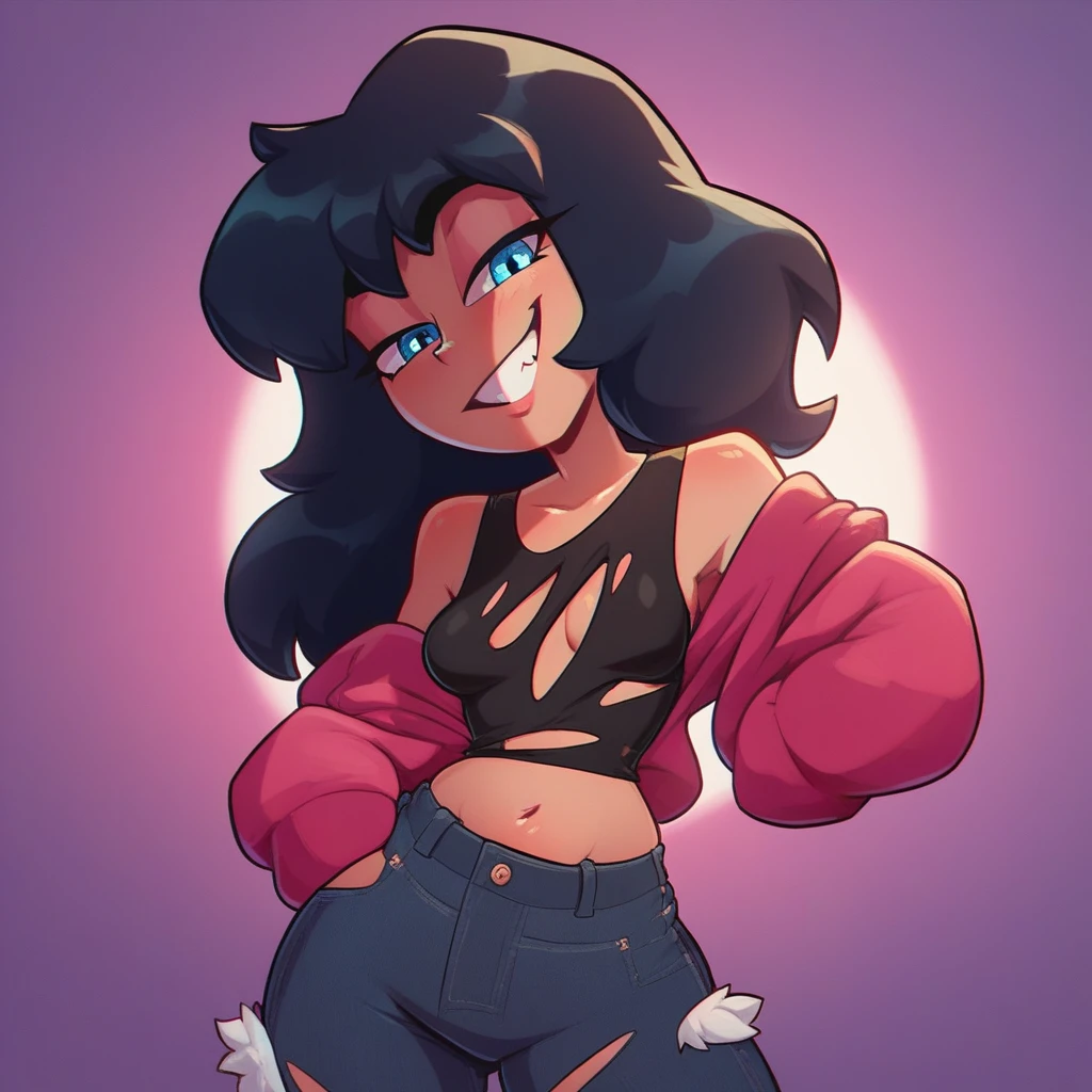 curvy blue eyed girl with long wavy black hair and small breasts, lewd, (extreme_nsfw), playground, nudity, smug, (pubic_stubble):3.0, (seethrough shawl):3.0, one knee up