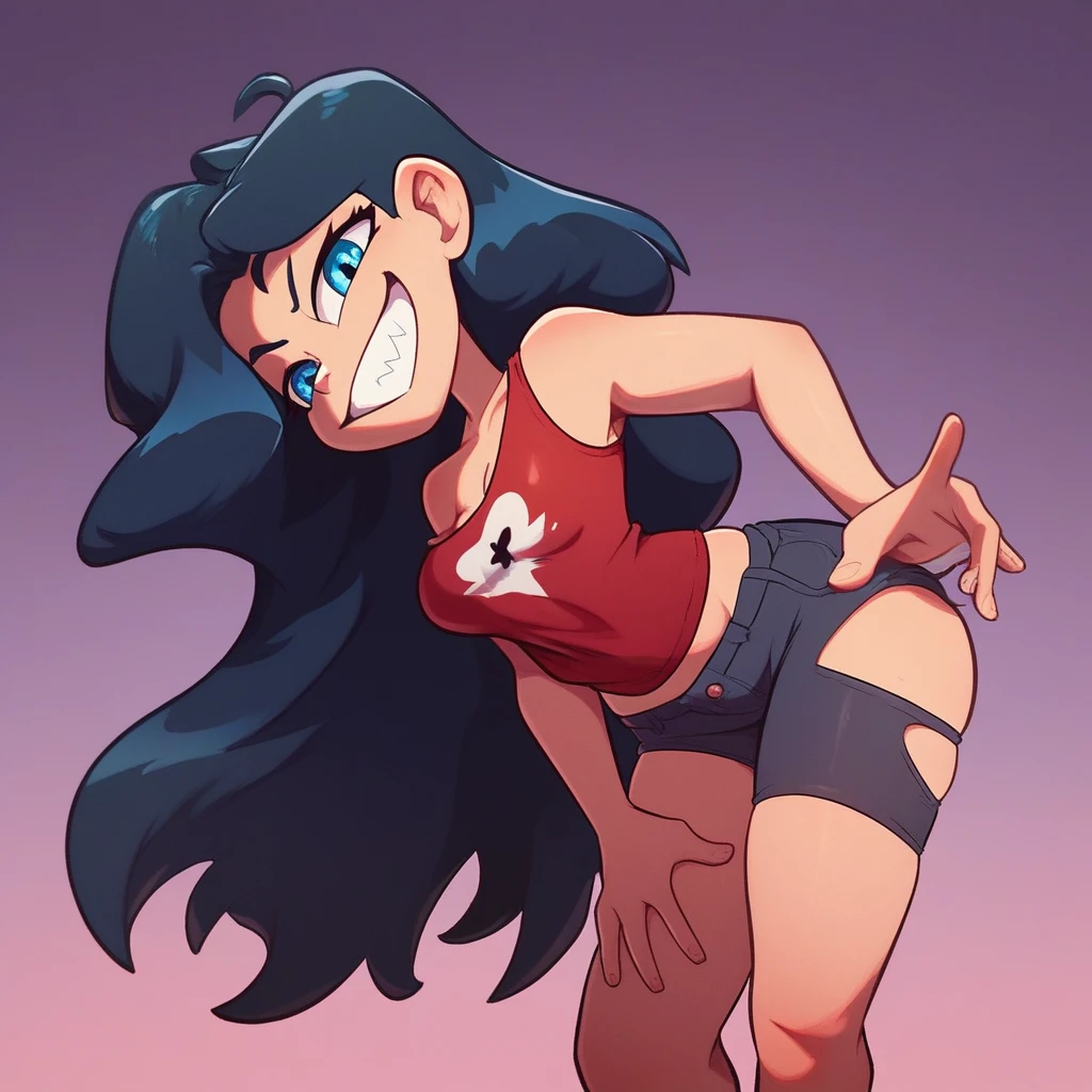 a curvy blue-eyed girl with long wavy black hair, small breasts, nudity, torn tanktop, tits out, hyper detailed, vivid colors, Ralph Bakshi style