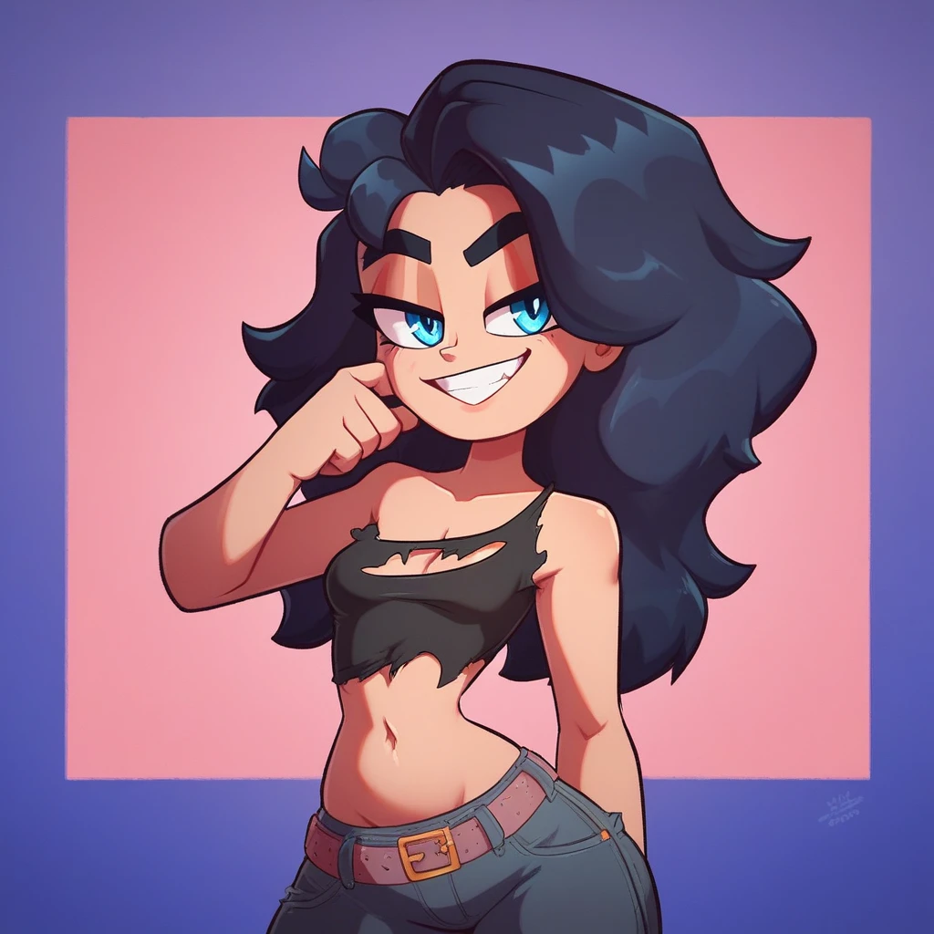 Ralph Bakshi Style, gesugao, Curvy blue eyed girl with long wavy black hair and small breasts standing over viewer, (extreme nsfw), lewd:3.0, (upward camera angle), (full-body-shot pov), (pubic_stubble):4.0