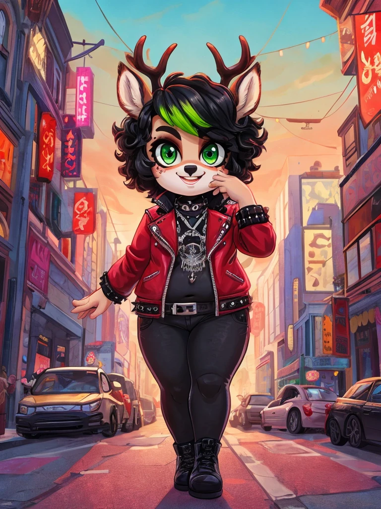 Cute, deer boy, small deer antlers, innocent, chubby, fat, big thighs, androgynous, femboy, short curly hair, black hair, fawn spots, freakles, ((cute)), smiling, walking in a big bustling city, wearing goth clothes, goth makeup, black and red color scheme, punk jacket, young, cartoony, adorable, deer tail, toxic neon green eyes, red sky,