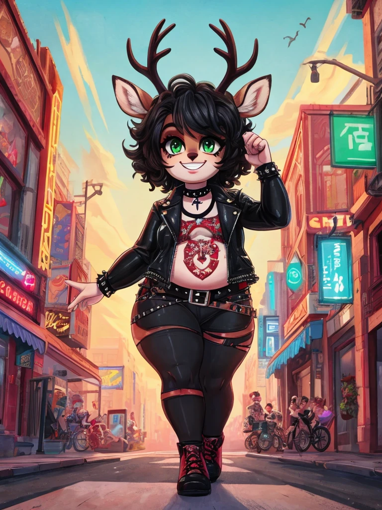 Cute, deer boy, small deer antlers, innocent, chubby, fat, big thighs, androgynous, femboy, short curly hair, black hair, fawn spots, freakles, ((cute)), smiling, walking in a big bustling city, wearing goth clothes, goth makeup, black and red color scheme, punk jacket, young, cartoony, adorable, deer tail, toxic neon green eyes, red sky,