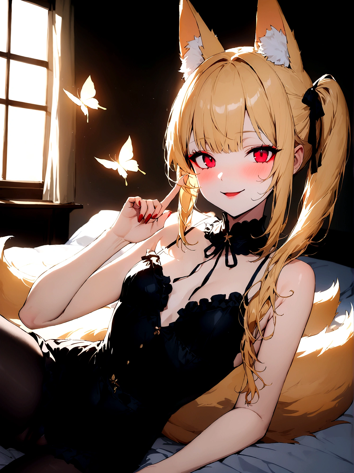 (masterpiece, 최고의 quality) junior,detailed, (beautiful,small breasts), blonde,long hair, side ponytail(tied to the left),Hairpin decoration with gold butterfly, elegant, (fox ears),nine tailed fox tail, red eyeshadow, 금색 eye동자, femur，black pajamas,ruffle pajamas,Bedroom Background,Lying in bed,girl,yandere,Wearing black tights,Wrapping up inside,Open crotch work clear 54% Seat Bot Txt2Img Studio (masterpiece, 최고의 quality),(beautiful_face:1.5),(small_waist),absurd:1.2, Kodak Portrait 400, film grain, blurred background, bokeh:1.2, lens flare, (vibrant_color:1.2),professional photography,(masterpiece:1.0),(best_quality:1.0), ultra high resolution,4K,매우 detailed, photography, 8 thousand, HDR,(chaste_big_eye:1.0),(light_laugh:0.3), official art,매우 detailed CG Unity 8k 벽지, perfect lighting,fancy, bright_front_face_lighting,looking at viewer,(Focus on her face),beautiful Finger,beautiful 긴 legs,beautiful body,beautiful Nose,beautiful character design, perfect eye, perfect face,완벽한 균형 junior,detailed, (beautiful,small breasts), blonde,long hair, side ponytail(tied to the left),Hair band decoration with gold butterfly, elegant, (fox ears),nine tailed fox tail, red eyeshadow, 금색 eye동자, femur，girl,yandere표정,bleeding,holding a knife,bloody knife,evil smile