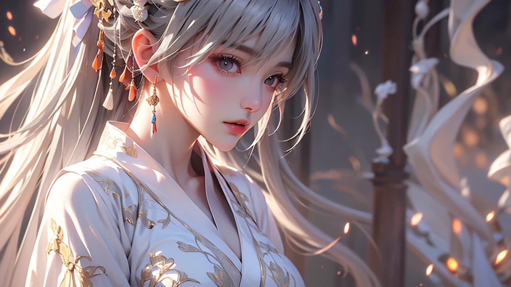 super high quality, masterpiece, Perfect illustration, Very detailed (Exquisite light and shadow, Very dramatic photo,Backlight) , ((Gray Hair:1.5))1 Girl,(( alone:1.6)), (Wearing Han clothes, Black and white Hanfu,Monotony,Long sleeve) (White smoke:1.3) (Realistic:1.4), Official Art, unity 8k wallpaper, Very detailed, Beautiful and beautiful, masterpiece, Highest quality, (Dynamic Angle: 1.4), Glowing Skin, (Floating colorful flashes: 1) The most beautiful chaotic shapes, elegant, Brutalist Design, Bright colors, Romantic Depth of Field Exotic_dance, half_naked、Expose your shoulders、Ample breasts、Great cleavage、Lean forward