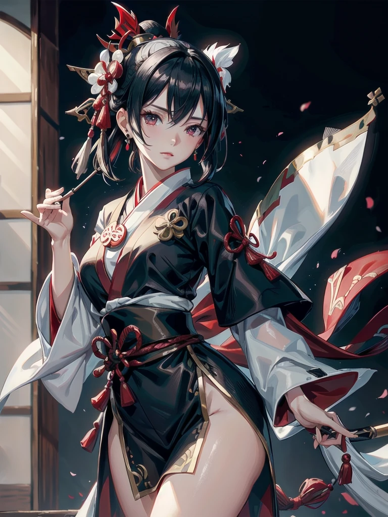 absurdres, RAW photo, extremely delicate and beautiful, masterpiece, Best Quality, ultra high resolution, 32k, hyperrealistic, ultra-detailed, perfect figure, in her 20s, very small head, very small face, delicate facial features, tearful mole, earring, huge breasts, legs, whole body shot, full body shot, medium hair, black hair, red-black costume, Onmyoji, nobushi, Flowing white robe,