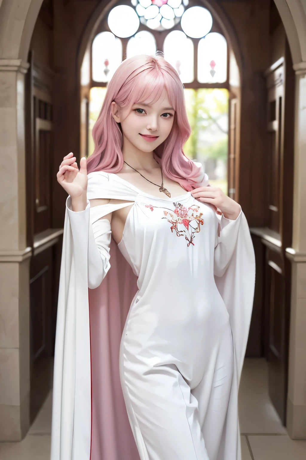 (8K, top-quality, masterpiece:1.2), (reallistic, Photorealsitic:1.37), Super Detail, One girl,), (Highly detailed), (beautifully detailed eyes), (of the highest quality), (super detailed ), (masterpiece), (Detailed face),20yr old, ,1 girl, ((pink hair,long hair)), medium breasts, clothed, Perfect Lighting, BREAK, (mystical sister:1.5), (monastery fashion:1.4), (all-white outfit:1.5), (long cape:1.3), (long slip dress:1.3), (embroidered blouse:1.2), (wide-leg pants:1.2), (mystical:1.2), (flowing silhouette:1.2), (embroidery details:1.1), (leather sandals:1.1), (cross necklace:1.1), BRAKE, (upper body and thighs:1.2), (mystical pose:1.3), (praying with hands:1.3), (smile:1.2), (long pink hair:1.2), (waves to the left:1.2), (soft lighting:1.2), (monastery corridor:1.2), (arch window:1.1), BRAKE




