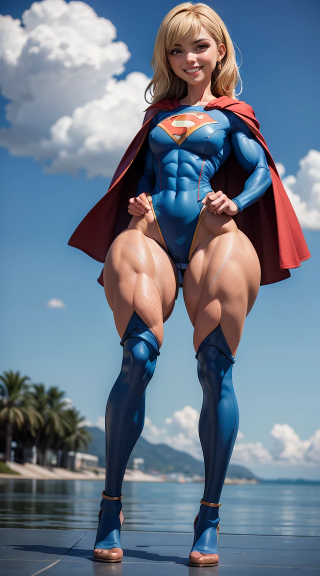 (Muscular:2.3), (thick thighs:2.3),
blonde female, (supergirl), (big smile:1.5), blunt bangs, (ponytail:0.7),
earrings, lipstick, eyeshadow,
hard nipples, large breasts,
(full body suit, blue bodysuit:1.8), (small cape:1.3),
looking at viewer, three quarter view, (upper body view:2),
(floating, in midair, sky and clouds background:1.3), rim lighting, two tone lighting, dim lighting, bokeh, detailed skin, detailed eyes