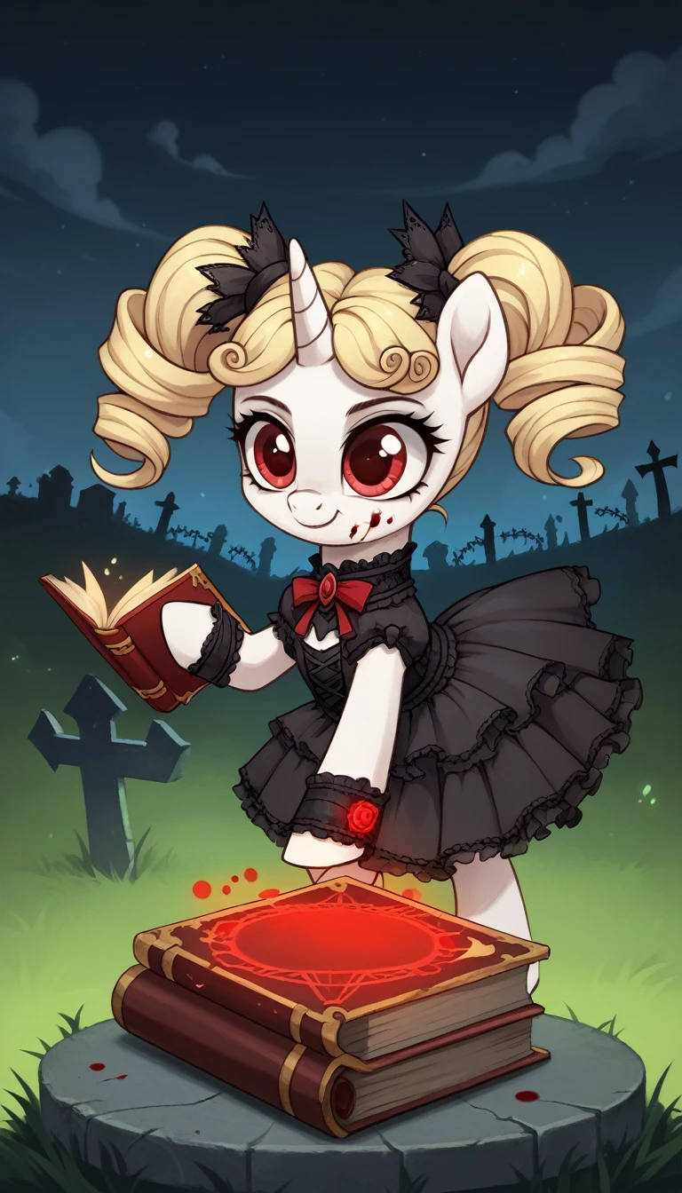 score_9,score_8_up,score_7_up,score_6_up, filly, unicorn, white fur, curly blonde hair, cute twintails, red eyes, Gothic pony, cute ta fashion, glowing backlight, fashion show, graveyard, glitter, whimsical, enchanted, magical, fantasy art concept, intricate details, insane smile, blood splatter on face, floating, levitating spell book