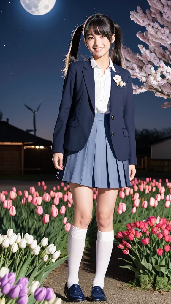 Japanese high school girl, smiling face, young face, black hair, twin tails with blue ribbon decoration, light blue blazer jacket, white blouse, blue ribbon decoration on collar, blue pleated skirt, black socks, dark brown loafers, large park, standing in front of tulip flower bed, windmill shed, full moon night, starry night, nostalgic scenery 