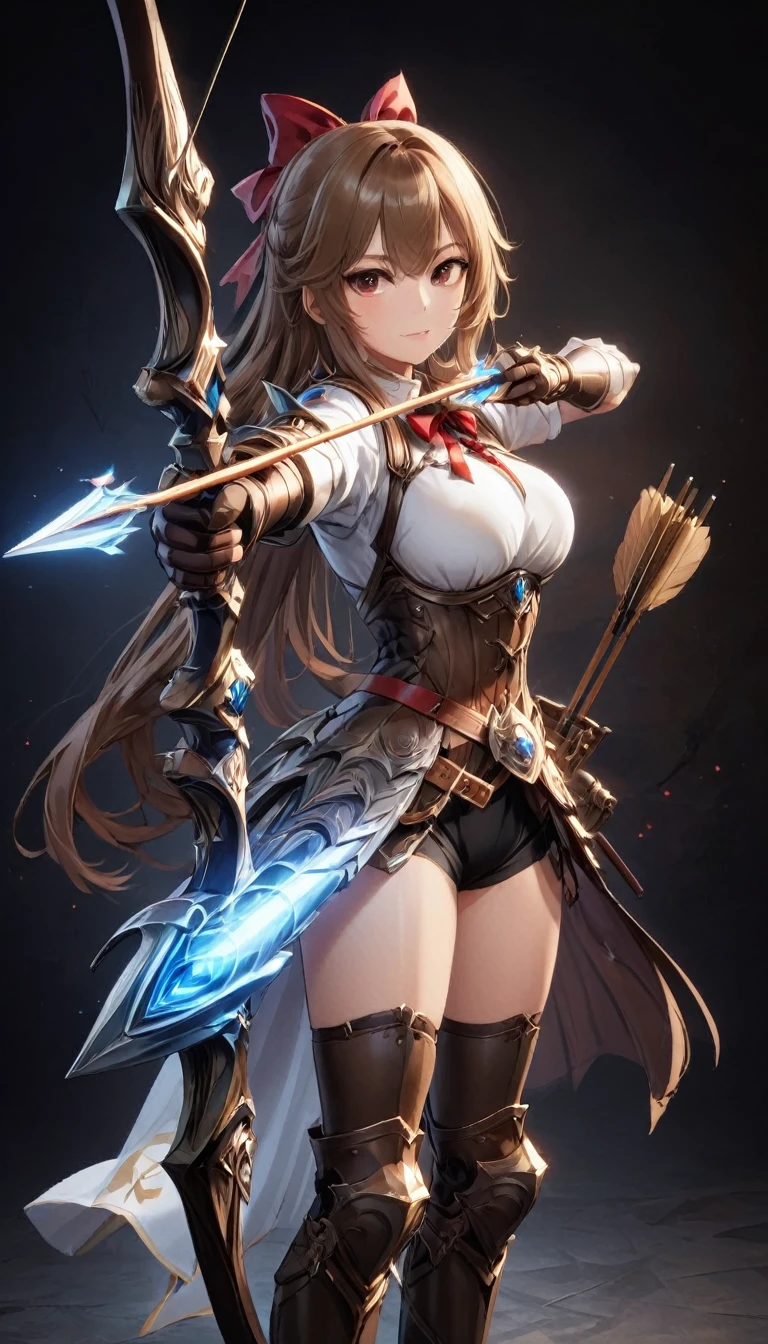 One girl, alone, shield, arms, Knee socks, Extremely skilled, gloves, boots, Long Hair, Black background, armor, brown-gloves, full body gun, ribbon, Holding, Simple Background, Holding-arms, View your viewers, hair-ribbon, black-Knee socks, Brown footwear, smile, shirt, Are standing, Shorts, Knee pads, blue-ribbon, belt, shoulder-armor, white-shirt, Best, ((Spear and Shield)), ((Big Breasts) 1.2),White Mask、(((Kyudo)))、Red narrow eyes、Light brown hair、