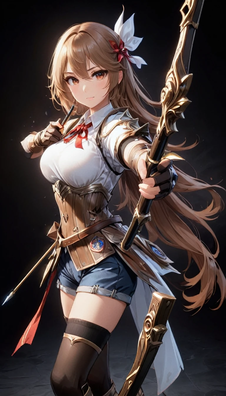 One girl, alone, shield, arms, Knee socks, Extremely skilled, gloves, boots, Long Hair, Black background, armor, brown-gloves, full body gun, ribbon, Holding, Simple Background, Holding-arms, View your viewers, hair-ribbon, black-Knee socks, Brown footwear, smile, shirt, Are standing, Shorts, Knee pads, blue-ribbon, belt, shoulder-armor, white-shirt, Best, ((Spear and Shield)), ((Big Breasts) 1.2),White Mask、(((Kyudo)))、Red narrow eyes、Light brown hair、