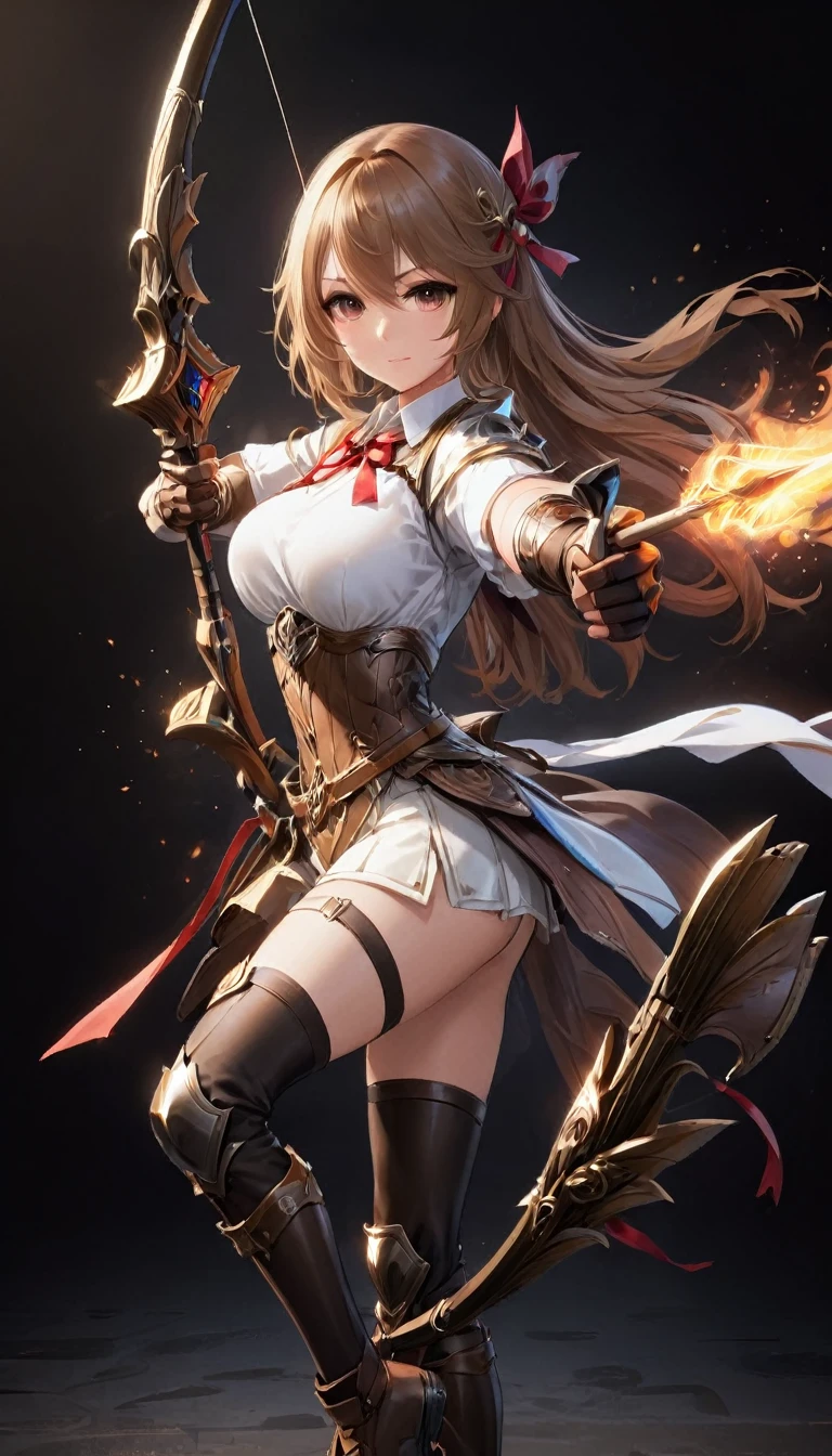 One girl, alone, shield, arms, Knee socks, Extremely skilled, gloves, boots, Long Hair, Black background, armor, brown-gloves, full body gun, ribbon, Holding, Simple Background, Holding-arms, View your viewers, hair-ribbon, black-Knee socks, Brown footwear, smile, shirt, Are standing, Shorts, Knee pads, blue-ribbon, belt, shoulder-armor, white-shirt, Best, ((Spear and Shield)), ((Big Breasts) 1.2),White Mask、(((Kyudo)))、Red narrow eyes、Light brown hair、