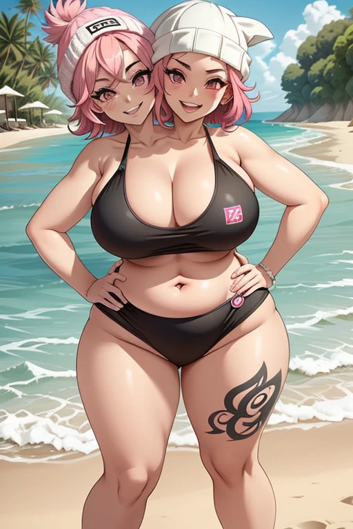 2heads, tall chubby woman with 2 heads. at the beach. Short messy pink hair. Wearing a beanie. Wearing a swimsuit. Many piercings and tattoos. Eyeliner, baggy eyes. Mature, tall. Laughing, happy. Seductive pose.