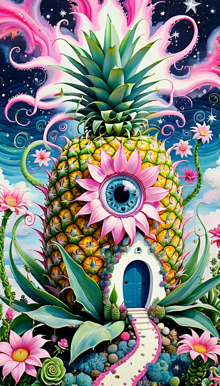 Pink Pineapple House,plant,flower,Tentacles,Eye、Starry Sky,Stitching together an abstract painting,Describing the inner world of autistic people,Sense of space,White Space,interesting,Innocence,Psychedelic Art,Pink theme