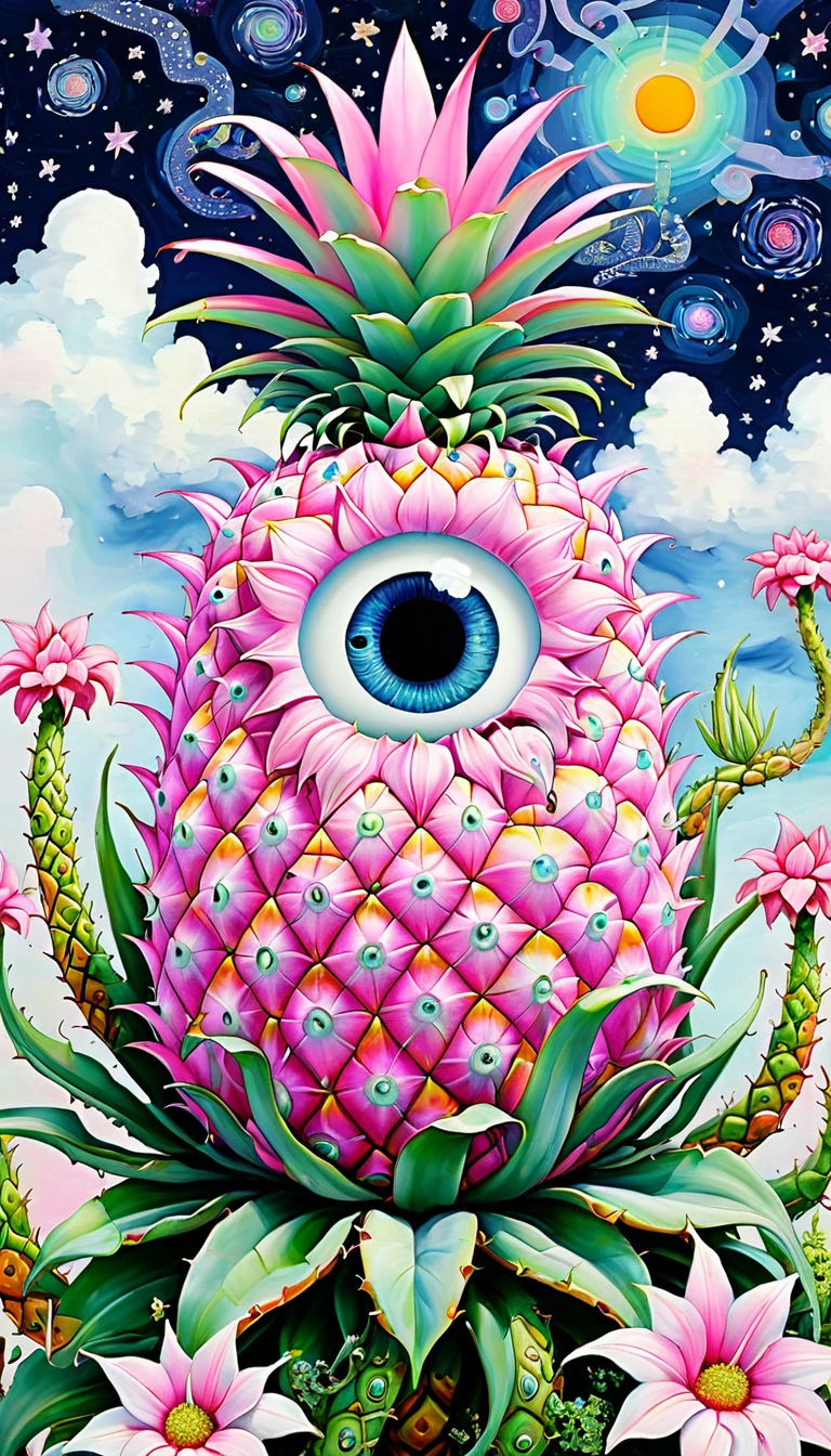 Pink Pineapple House，plant，flower，Tentacles，Eye、Starry Sky，Stitching together an abstract painting，Describing the inner world of autistic people，Sense of space，White Space，interesting，Innocence，Psychedelic Art，Pink theme