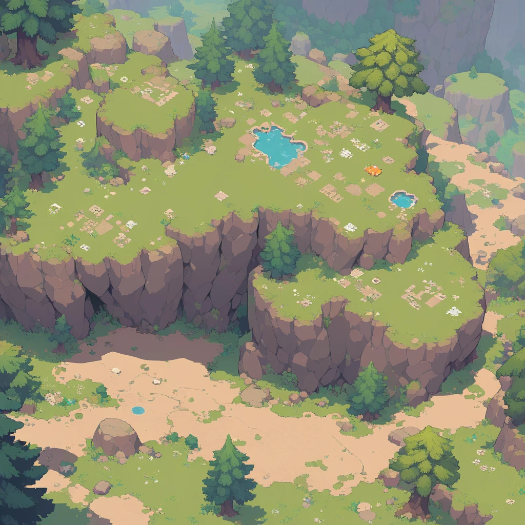 retro video game style,pixelated, vibrant pastel colors,8-bit characters,blocky shapes,sharp lines,detailed shading,classic gaming vibe,nostalgic atmosphere,classic arcade games,masterpiece:1.2,ultra-detailed,illustration style, 2d texture, stone texture, 4 k seamless mud texture, video game texture, dirt texture, tileset, game tiles, grass, 3/4th perspective trees, 3/4th perspective tileable rock texture, 3/4th perspective tileable cliff formations, tileable trees, topdown view, game texture, game art, tileable texture, very detailed cliff texture, intricate stones, top down view, 3/4th perspective
