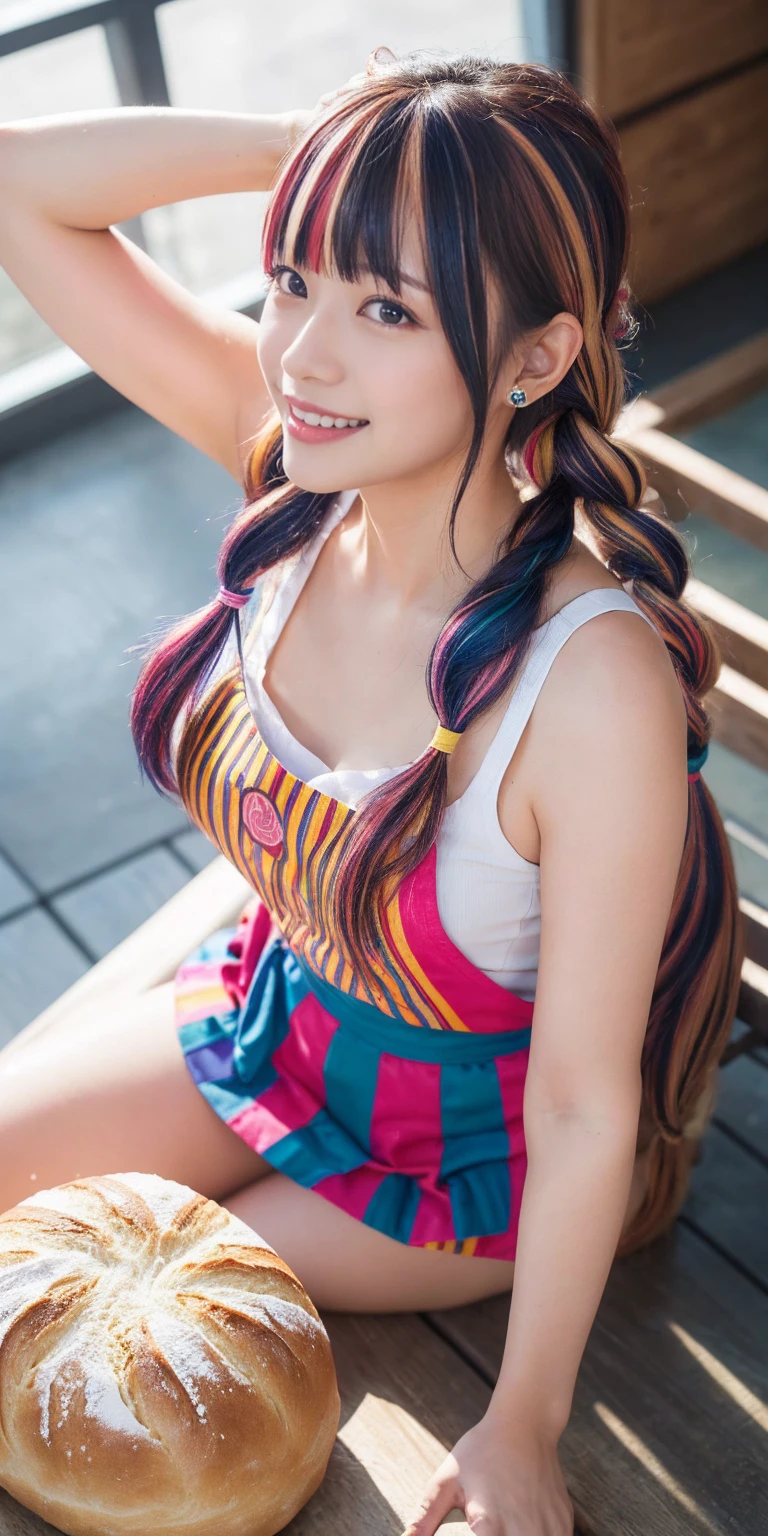 Fluid organization:1.6), 本当に野生の髪を持つ一人のbeautiful女の子, (Colorful wavy hair:1.2),( Two long braids:1.2), (Long wild hair:1.2), (Multicolored Hair: 1.9),可愛いsmile
パン屋販売スタッフ、(((Low - Angle:1.4)))、((One hand raised))、((She is wearing a colorful and pop blouse and apron.)),(;have big bread))、(((Spread your legs:1.4)))、,(((beautiful armpits:1.2)))、High resolution、Bakery、、smile、Finished as in the picture、white and beautiful skin、Focus on small breasts、((beautiful５This finger))、Bakeryの制服を着ています、最high quality、High resolution、Very detailed、masterpiece、Live Shooting:2、Genuine:2、photoGenuineistic:2、very delicate and beautiful、Fine details、Textured skin、Full Shot、、(beautiful face:2)、hot pants、Putting on makeup、Perfectly balanced legs:1.5), Looking at the camera, Angle from above, (((hot pants))), High resolution、未来のBakery、Delicious bread that women will love、Looking at the camera、smile、Finished as in the picture、、(((I have a big loaf of bread)))、(((cute smile)))、((((Eat delicious bread)))))、((I love bread))、(front focus piece:1.3), 
、Cute Apron、Rainbow Apron、Bakeryの制服を着ています、明るすぎるNatural light、Shining sunlight、最high qualityのディテール, Japanese Girls,1 girl, 8K, RAW Photos, 最high quality, Ticker:1.2, Very detailedなRAWカラー写真, Professional photos, (reality, photoGenuineisticです:1.37), (Very detailedな皮膚:1.2), 超High resolutionな, (Lenz 50mm),,絶妙にFine grain,Look at the person watching,Pretty face, Just Mile:1.05),Wide Hips,Straight hair,,Light pink inner color、 white and fine skin、(Very detailedな8K cg:1.2), (hyper Genuineistic:1.35), (photoGenuineisticです:1.45), (reality:1.4), 

(背景はBakery:1.1)、Sexy upward glance, 、Very detailed、masterpiece、最high quality、Ultra-high resolution energy A、8KのHigh resolutionにより、Transparency as shown in the photo、Fine grain、Expression of gradation、Perfect anatomical figure ,hard disk、Ticker (English) 、 Nikon Z9 80mm Lens ,、明るすぎるNatural light、Shining sunlight、、Ultra slim body、Slender model figure、beautiful姿勢、, 最high quality, 8K, RAW Photos, Confused, Award-winning portraits, shy smile, shy smile, , Delicate girl,, Digital SLR, View your viewers, Frank, Sophisticated, Thin arms, Professional Lighting, Film Grain, chromatic aberration, (Fine grainと顔:1.0), Live Shooting、(((A portrait of extreme beauty)))、((Glowing Skin))、1 girl、16 year old beautiful girl from Prague、Bright expression、((Platinum Blonde Hair))、[Big blue eyes that sparkle like jewels]、Shiny skin、silky super long Straight hair、eyeliner、beautiful前髪、Hair around the eyes、最high quality、Very detailed、Film Light、Intricate details、High resolution、Very detailed))、Detailed Background、8KUHD、Digital SLR、Soft Light、high quality、Film Grain、Fujifilm XT3 、Shallow depth of field、Natural light、(((Spread your legs:1.4)))、Pieces fly、High resolution、Bakery、16-year-old girlas in the picture、white and beautiful skin、Focus on small breasts、最high quality、High resolution、Very detailed、masterpiece、Live Shooting:2、、neon hair clip,masterpiece、最high quality、
One girl,Ives Girl,beautiful照明,(((Anyone can see the D logo.:9)))